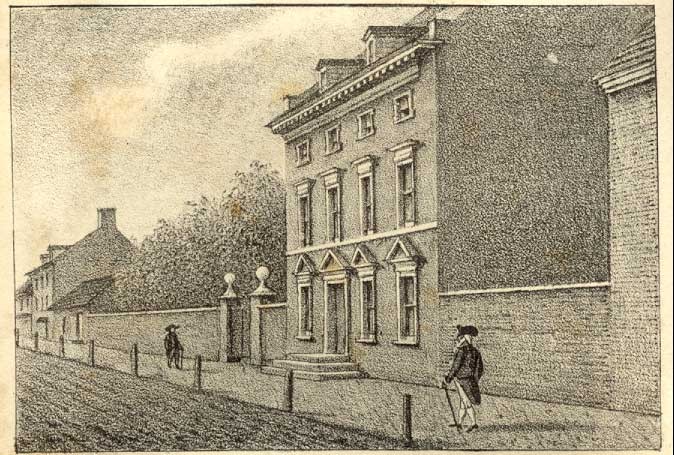 1830 Lithograph by William L. Breton depicting the President's House (image from the Annals of Philadelphia by John Fanning Watson)