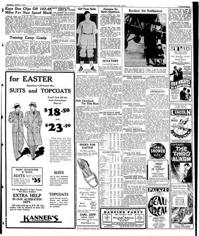 April 3, 1931 newspaper article in the Evening Independent depicting the event 