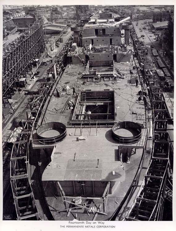 A Liberty ship in Richmond on its fourteenth day of construction. Its keel and hull are finished--decking and superstructure are already being fixed into place. (SanPedro.com)