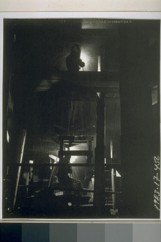 Richmond welders at work deep inside the hull of a ship. Welding (versus riveting) was one of the recent technological advancements that sped up shipbuilding during World War II. (UC Berkeley, Bancroft Library)