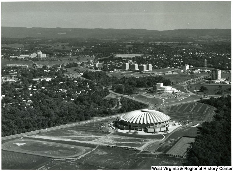 View of the Coliseum and Evansdale campus, which expanded at WVU in the mid-twentieth century.