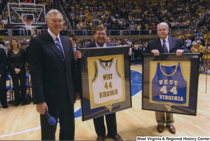 Jerry West, whose success as a basketball player at WVU led him to a career with the Los Angeles Lakers, had his jersey number retired at a ceremony in the Coliseum in 2005.