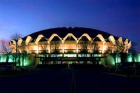 West Virginia University Coliseum at night.