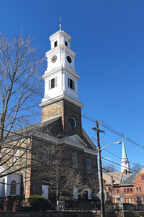 New Brunswick First Reformed Church and its clock tower. Photo from March, 2018. 