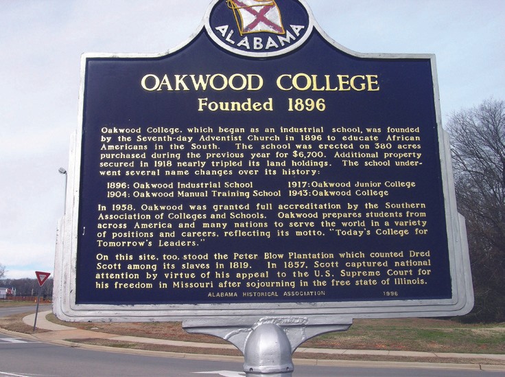 A historical marker on the campus of Oakwood College marks the former site of the Peter Blow Plantation and the home of famous slave Dred Scott. 