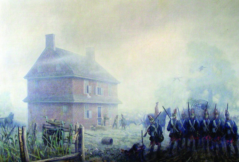 A Painting depicting the Hessian troops passing the house on their way to the Battle of Brandywine