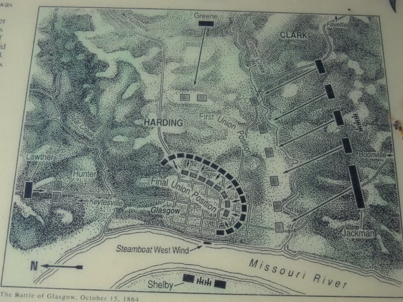 Map from the battlefield plaque. The Rebels attacked on three sides, though Capt. Hunter's Union troops in the north were able to check Lawther's advance for the duration of the battle.