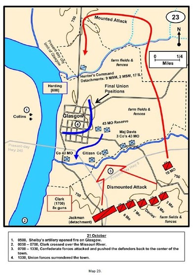 A detailed color map of the battle from Charles D. Collins, Jr.'s excellent "Battlefield Atlas of Price's Missouri Expedition of 1864," one of the most exhaustive studies of the raid's many battles and skirmishes.