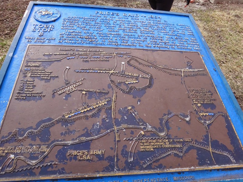 Another battlefield marker located nearby on the Little Blue Trace Trail. The size of the Rebel force is exaggerated--though Union commanders often received false reports of Price's army being as large as 25,000. Photo by Ann Wilhelm.