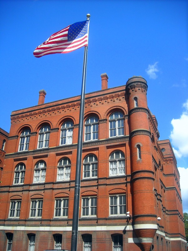 A view of the building's red brick facade.