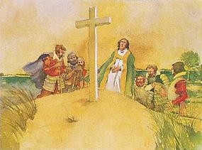 Water color photo of Reverent Hunt who is leading a prayer at the wooden cross of Cape Henry