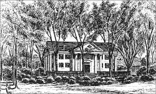 Historic sketch of Village Hall (image from Framingham Historical Society)