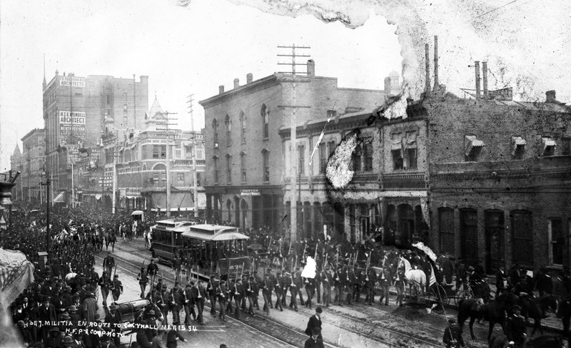 Colorado militia at 15th and Lawrence Street during their march to to Denver's City Hall, March 15, 1894.