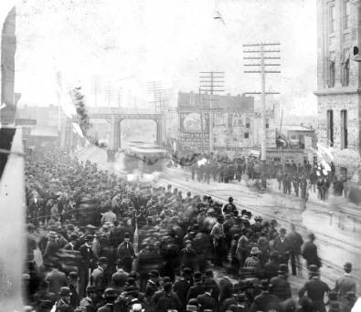 View of Larimer Street looking west from City Hall, March 15, 1894.
