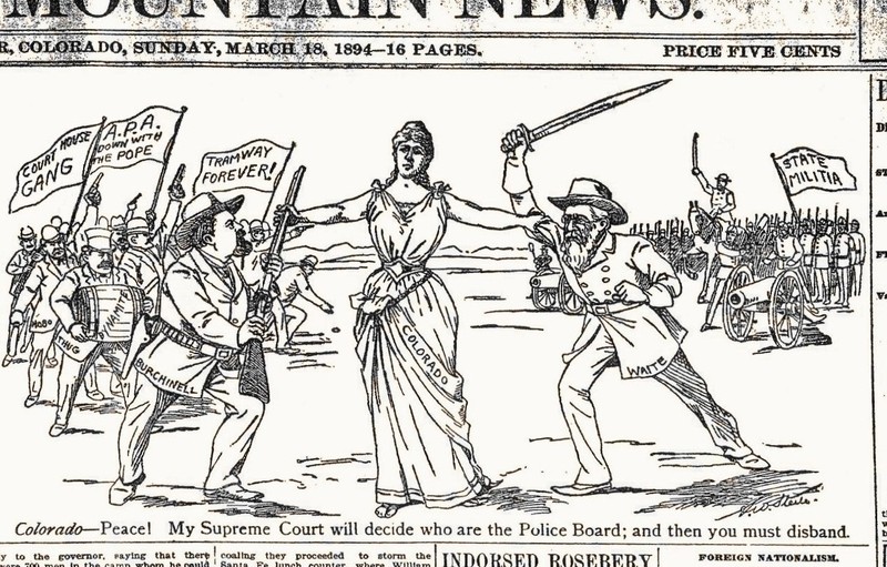 Rocky Mountain News, March 18, 1894. The "thug" with dynamite is a reference to Smith, who reportedly climbed to the bell tower waiving a stick of dynamite and threatening to destroy the entire building. 