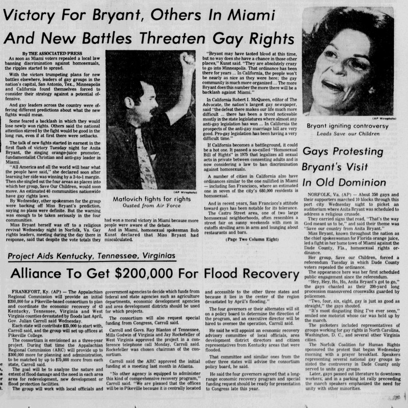Bluefield Daily Telegraph (WV) Jun 9, 1977. This coverage demonstrates how Anita's "Victory" in Florida inspired the protest in Norfolk that became national news and spurred additional protests. 