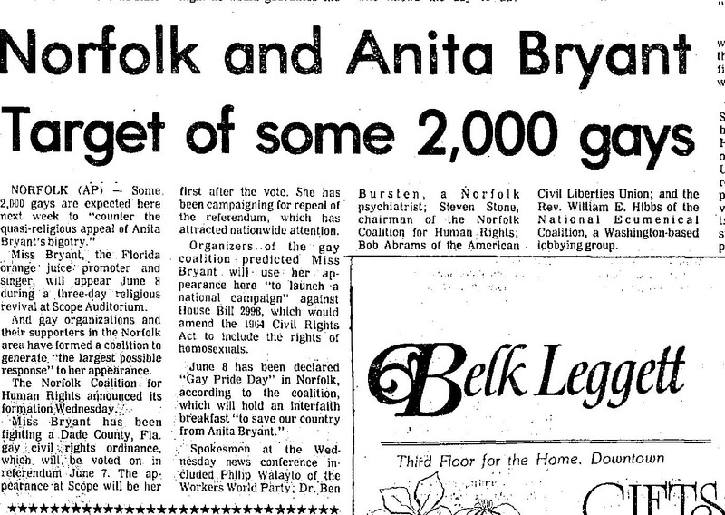 Danville Bee June 2, 1977. Opponents of gay rights warned that the Norfolk protesters hoped to expand the 1964 Civil Rights Bill to include protections for the civil rights of homosexuals. 