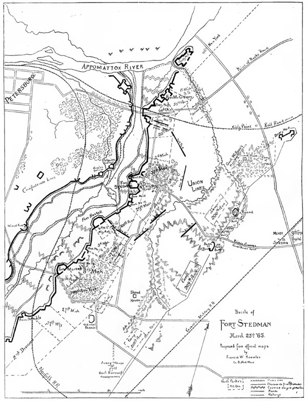 postwar map of the Fort Stedman area of the Petersburg siege lines. Stedman is found in the center of the map