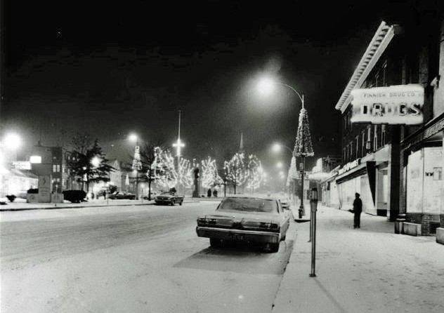 Upper Common in Christmas season, 1970's. Finnish Drug Store in foreground