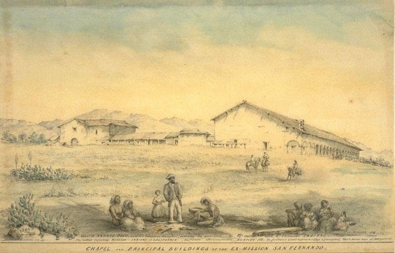 A sketch of San Fernando in the 1860s-70s by Edward Vischer, a German immigrant to Mexico whose prolific portraits of California life have been invaluable to scholars. Courtesy of the Claremont Colleges.