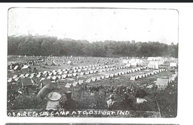 Although this picture has been identified as being taken at the site of Camp Hughes in Gosport, Indiana, it remains unclear if it was taken in 1862 or during a later reenactment.