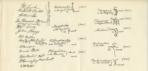 Traced signatures of the original Treaty of Fort McIntosh, now in the Pennsylvania State Library in Harrisburg