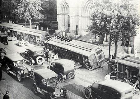 This photo shows the Cathedral of the Immaculate Conception in the background of the 192 Denver Tramway strike. To learn more about the strike, search for the Clio entry on the Tramway Building.