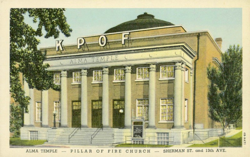 Vintage postcard depicting the Alma Temple/KPOF Hall, at 1340 Sherman Street, Denver, Colorado