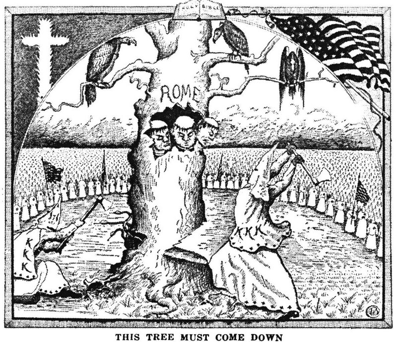 Cartoon illustrating The Ku Klux Klan in Prophecy, published by the Pillar of Fire in 1925.