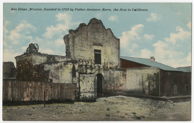 A color postcard from 1915 illustrates the dire need for preservation and restoration at the Mission (UC San Diego).