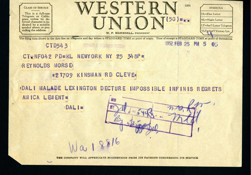 Archival evidence of Salvador Dali's telegram he sent to Mr. and Mrs. Morse
.

  Credit: Collection of The Dalí Museum Library & Archive, St.     Petersburg, Florida.