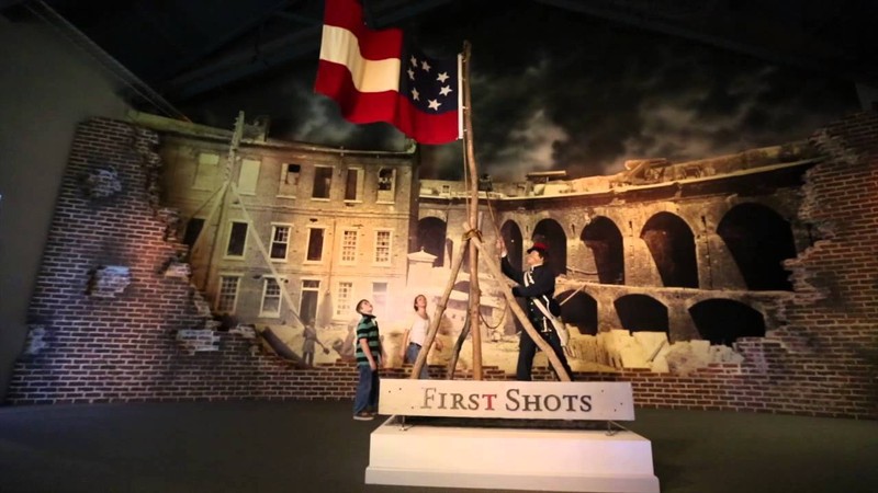 The museum's "First Shots" exhibit with Fort Sumter in the background.  