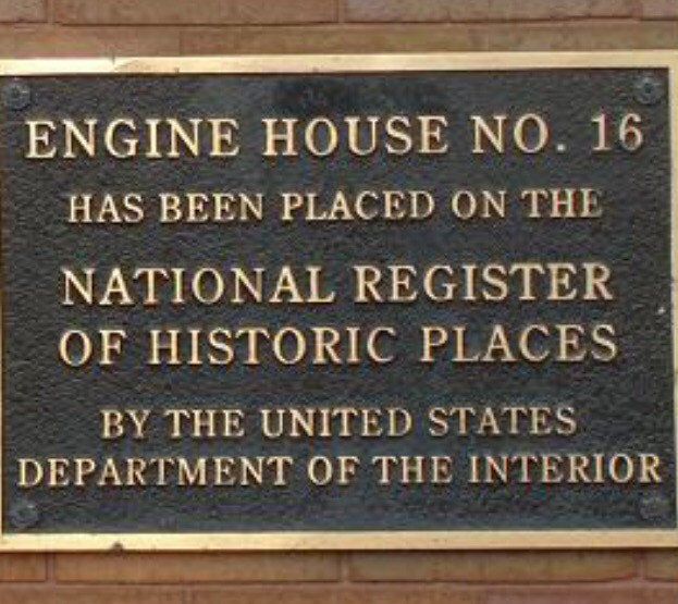 Plaque indicating Fire Engine House No. 16 is on the National Register of Historic Places