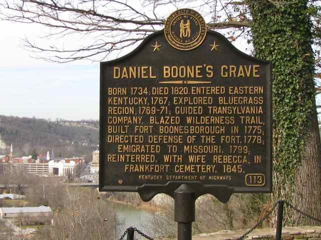 A historical marker at the Daniel Boone gravesite in Frankfort, Kentucky.