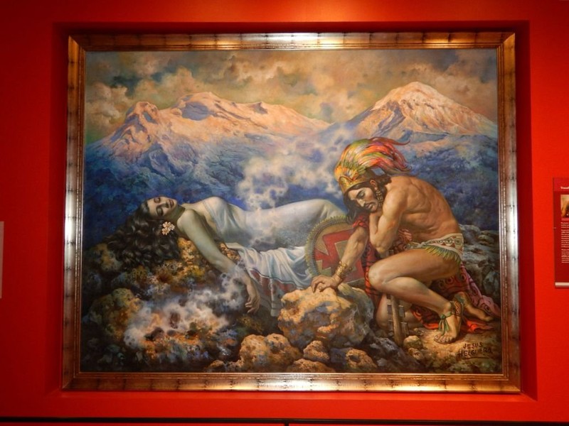 Jesús Helguera’s 1940 painting La Leyenda de los Volcanes, featured in the Pre-Cuauhtémoc section of the museum’s permanent collection