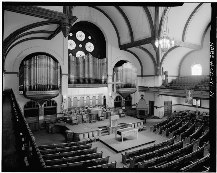 The interior of Central Presbyterian Church, photographed by the Historical American Buildings Survey. Its design was influenced by the theater in which congregants met while the church was under construction.