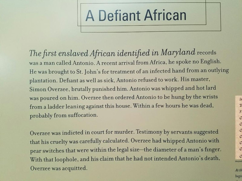 Information board in St. John's Museum in St. Mary's City. About one of the slaves in St. Mary's City.
Photo by Amber Steffey