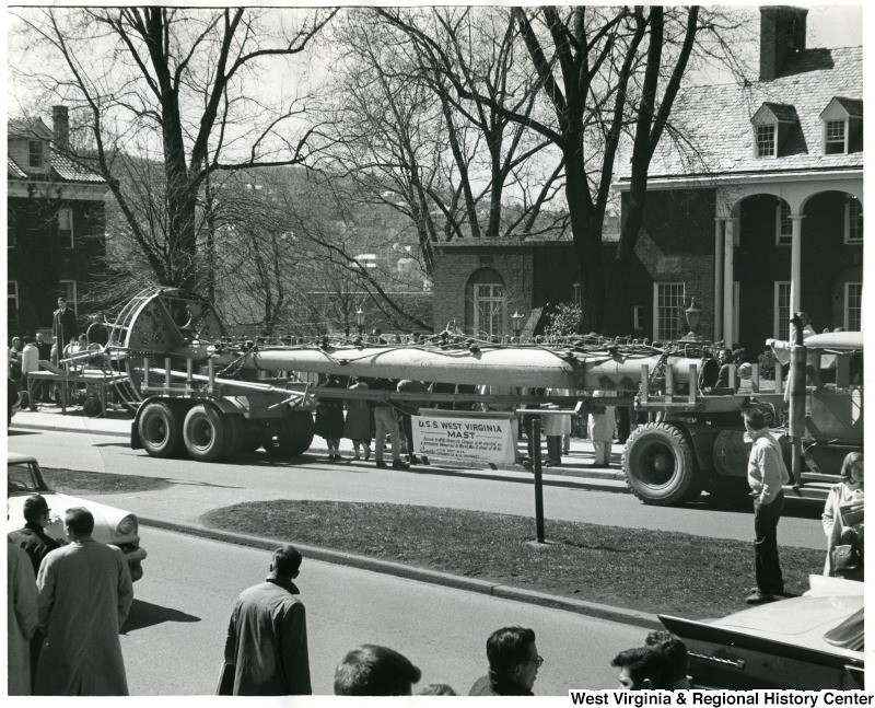 The arrival of the U.S.S. West Virginia mast at WVU 1961.