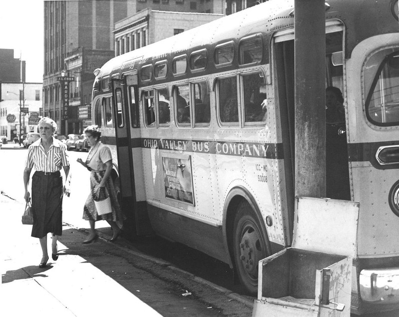 Ohio Valley Bus Company's bus dropping passengers off in Downtown Huntington.