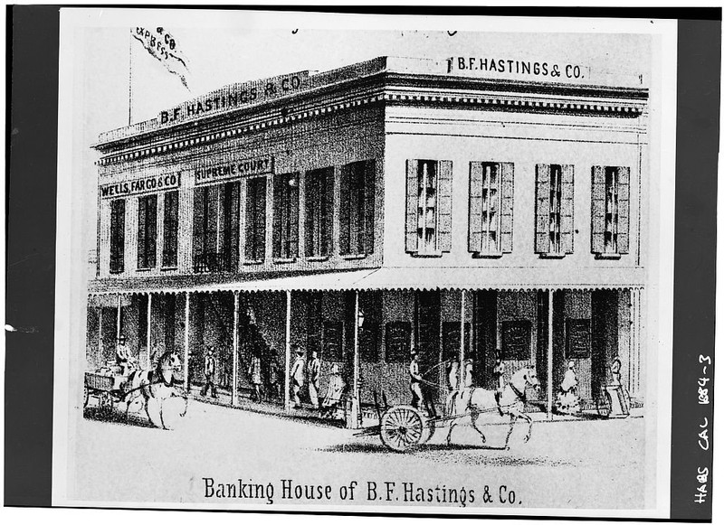 The B.F. Hastings Bank Building in its 1850s heyday. This photograph depicts the structure between 1855-56, when both Wells Fargo and the State Supreme Court occupied the bulding simultaneously (Library of Congress).