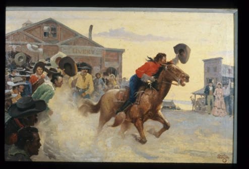 A fanciful depiction of a Pony Express rider from the Missouri Division of Tourism. Pony Express riders rode in a relay system that stretched from St. Joseph's, Missouri, to Sacramento, California. Mail could reach San Francsico in 10 days.