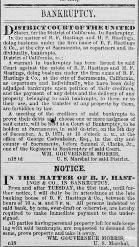 This bankruptcy notice appeared for B.F. Hastings in the Sacramento Daily Union on November 30, 1871 (California Digital Newspaper Collection).