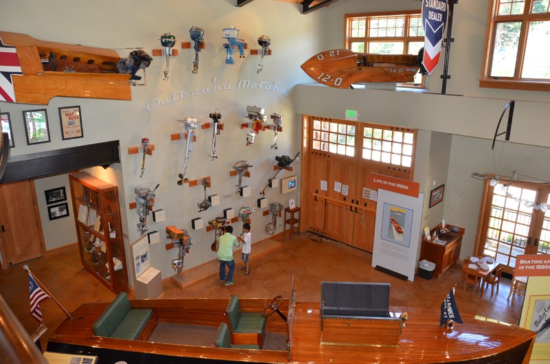 View inside the museum, with old engines hanging on the far wall