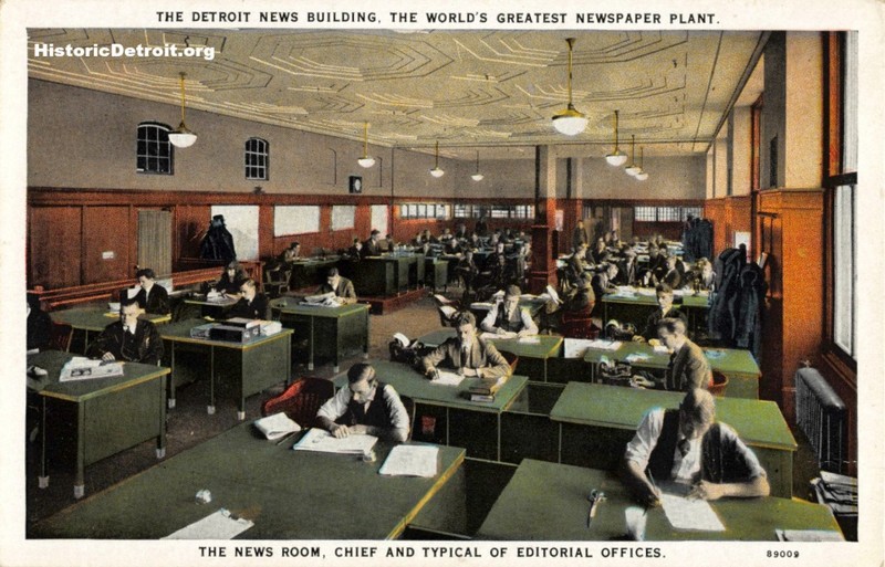 Postcard depicting the news room (image from Historic Detroit)