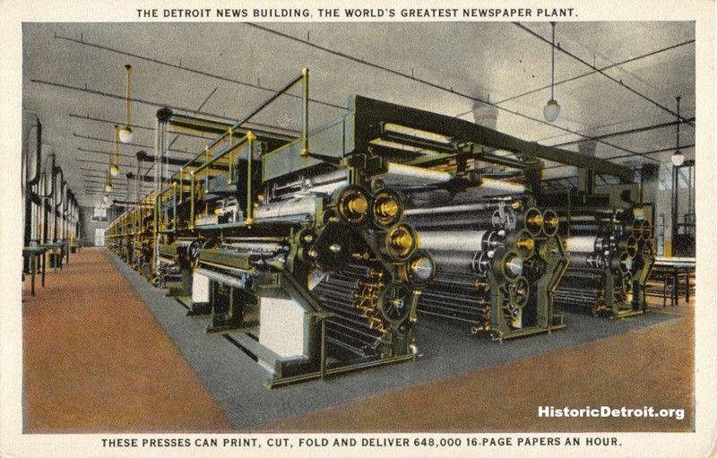 Detroit News presses depicted in a postcard  (image from Historic Detroit)