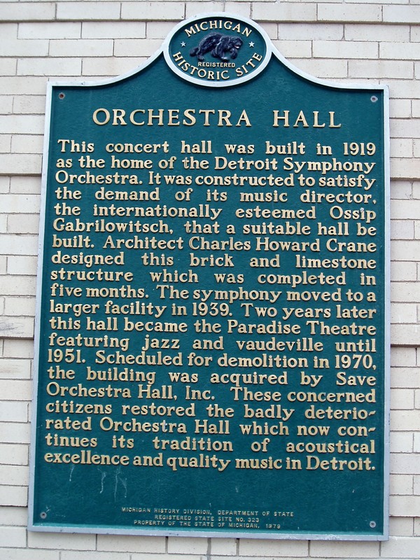 Orchestra Hall historic marker (image from Detroit: History and Future of the Motor City)