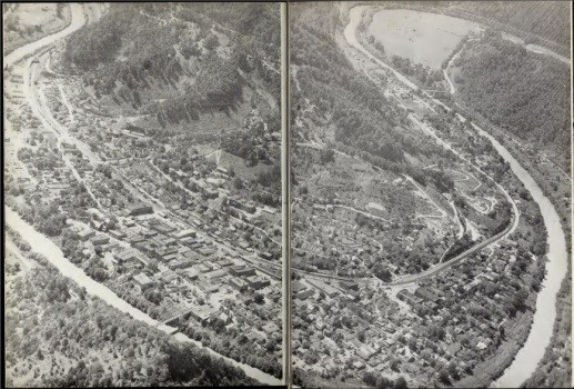 Pikeville before the Cut-Through with the town between the mountain and the river.