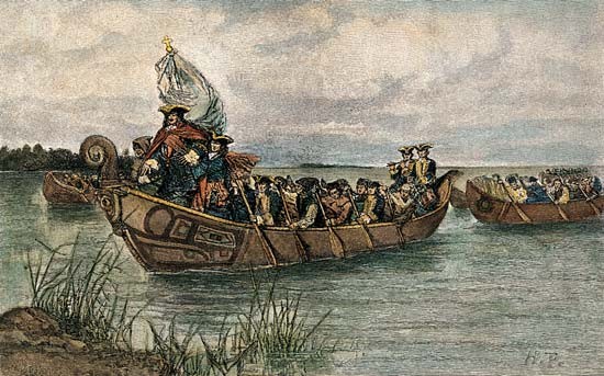 Cadillac landing with the first permanent settlers at the site of modern-day Detroit