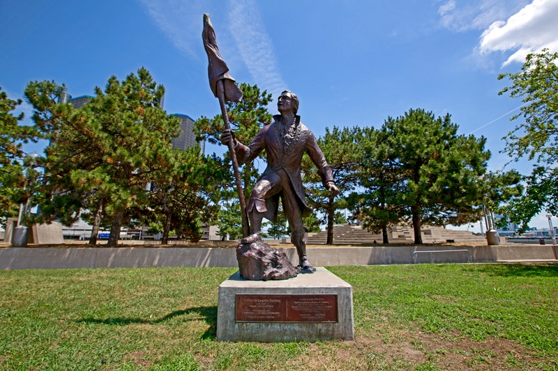 A statue and historical marker in Hart Plaza in downtown Detroit commemorates the landing of Cadillac