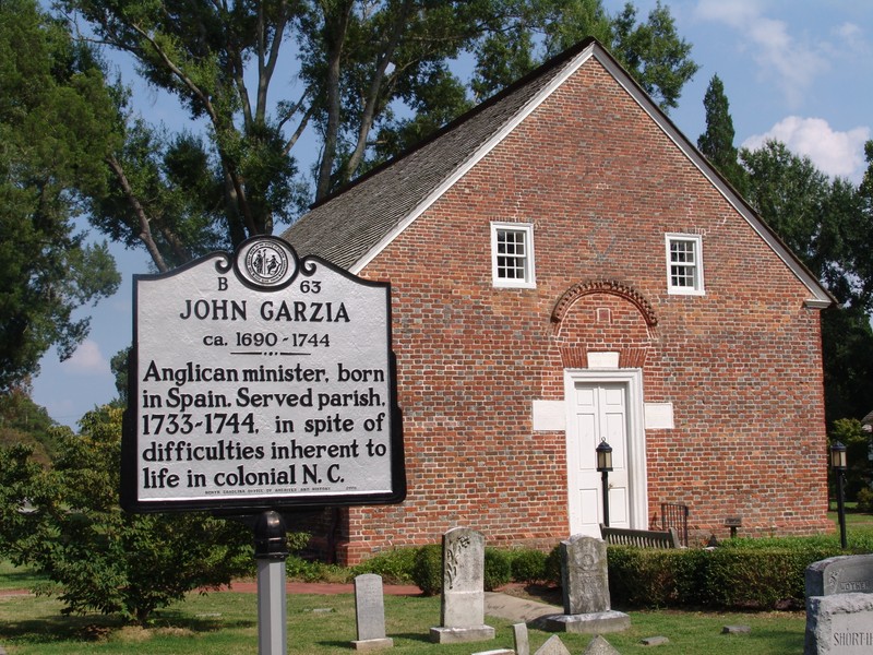This historical marker is located next to St. Thomas Episcopal Church, the oldest remaining church in North Carolina.